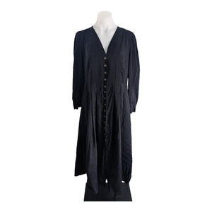 JUST Size XL Button Down Midi Shirt Dress Black V Neck Long Sleeves